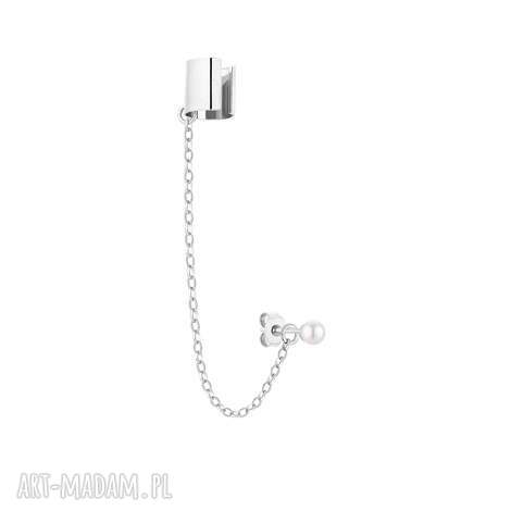 Srebrna nausznica z łańcuszkiem i perełką Swarovski Crystal - srebro 925