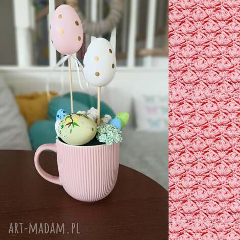 wielkanocny ogród w filiżance - malowana wiosna, błękit i róż miętowy stroik