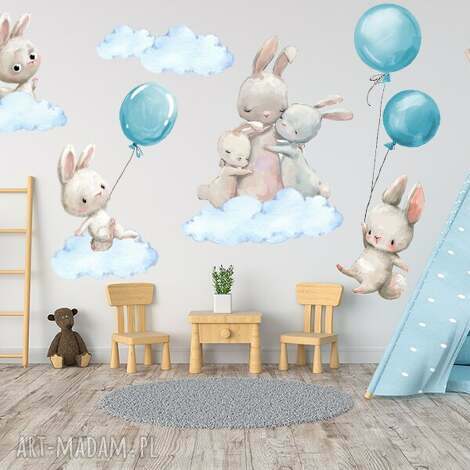 naklejki na ścianę króliczki balony niebieskie nr 4 chmurki 100cm