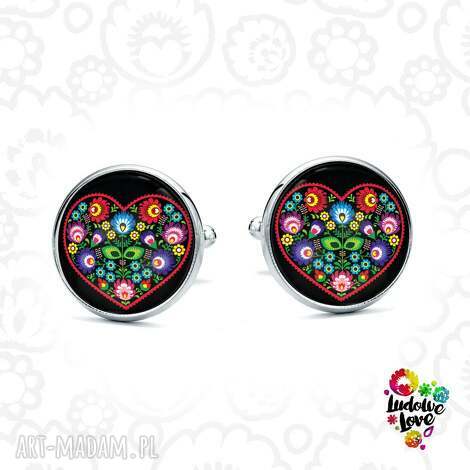 Spinki do mankietów SERCE LUDOWE - handmade, folk na wesele - srebrna baza 18 mm