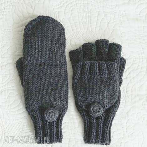 rękawiczki flap wełniane - mitenki, klapka dziergane, wełna, merino