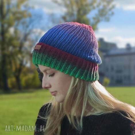 czapka reinbow, wełniana czapka, kolorowa, na drutach merynos, na prezent