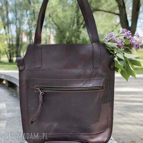 Brązowa skórzana torebka damska handmade - torba A4 do pracy
