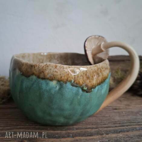 Duży kubek ceramiczny Grzyb - ręcznie robiony 450 ml, prezent dla grzybiarza