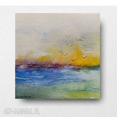 Morze - akwarela 15x15 cm z ptakami - ręcznie malowana