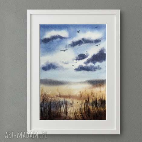 akwarela jesienny pejzaż pole, chmury, trawy