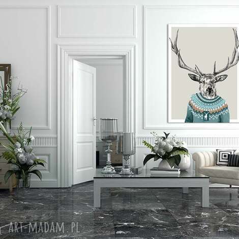 Obraz na płótnie 60x80cm Jeleń DEER - turkusowe i szare akcenty, wysyłka w 24h