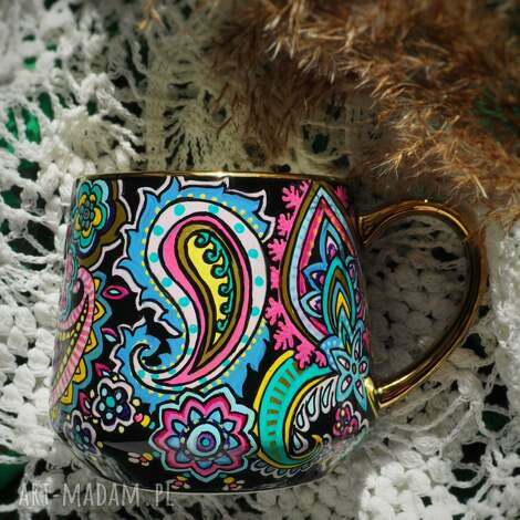 ręcznie malowany kubek porcelanowy kolor paisley elegancki prezent na 50