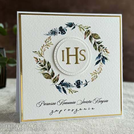 Eleganckie zaproszenia komunijne ręcznie robione, wzór 33D - biało-złota personalizacja 14x14 cm