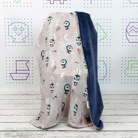 kocyk 135x100 pingwinki róż, kocyk minky, minky135x100, dla dzieci