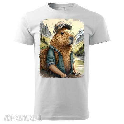 Koszulka z górami Tatra Art - Pan Kapibara Turysta, biała S-3XL