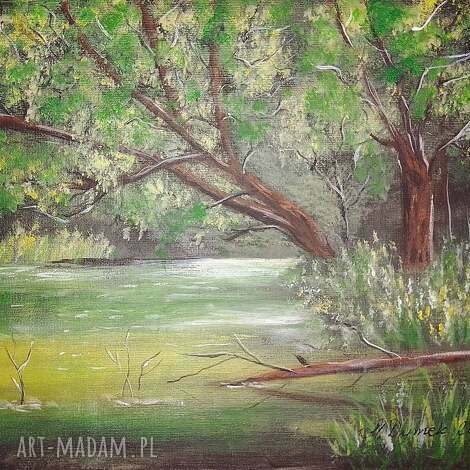 Obraz ręcznie malowany akrylowy „Pod drzewem” 24x30 cm - drzewa w lesie i wodzie z art-Madam.pl