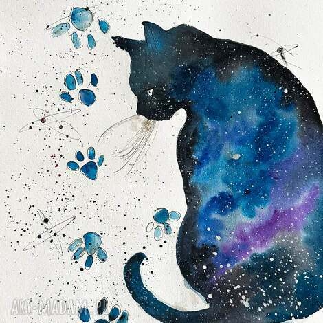 co jest w kocie 2 akwarela artystki adriany laube - kot, kosmos, gwiazdy