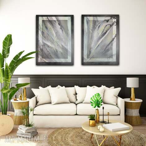 Dyptyk ręcznie malowany 2x 60x80 cm - Natura w czerni, zieleni i bieli na płótnie (akryl)