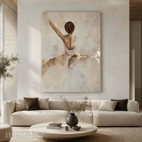 Obraz olejny Balerina 70x100 cm - ręcznie malowany beż i złoto