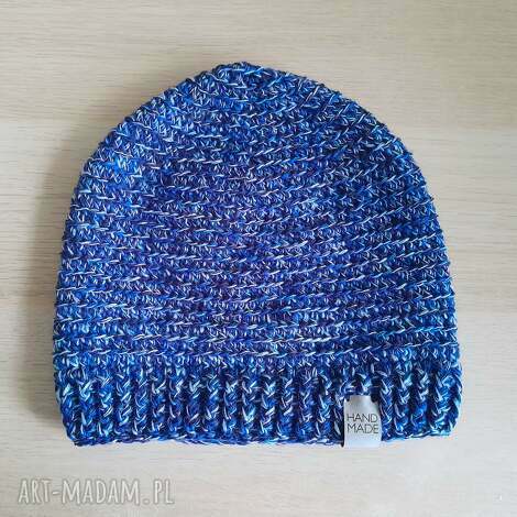 Ciepła czapka na zimę z merino - niebieski melanż handmade