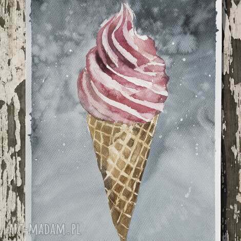 Truskawkowe lody - ręcznie malowana akwarela z passe-partout 30x40