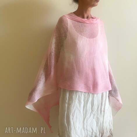 Narzutka lniana w jasnym różu - poncho handmade Anna Damzyn
