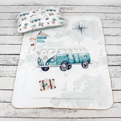 zestaw 75x100 kocyk i płaska poduszka eurotrip, kocyk minky, zeztaw