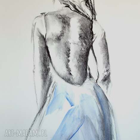 blue dress - 100x70, kobieta obraz, obraz kobiecy, grafika kobieca, szkic