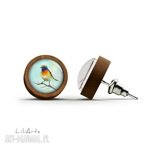 kolczyki drewniane - kolorowy ptaszek sztyfty ptak, naturalne, prezent