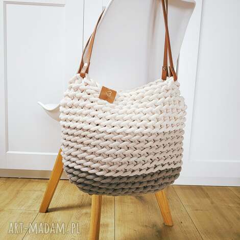 Torba na ramię Boho Weave Bag - beżowo-kakaowe ombre, ręcznie robiona szydełkiem