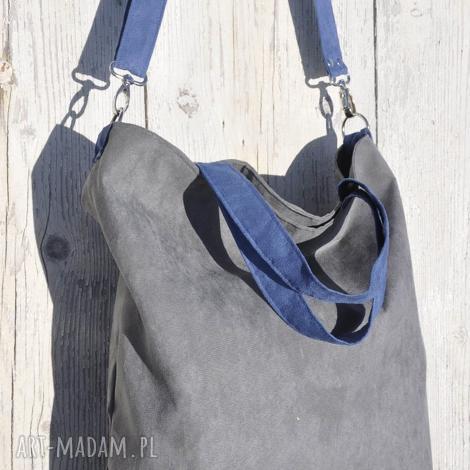 Torba hobo XXL szarość i kobalt - wegańska zamszowa na ramię