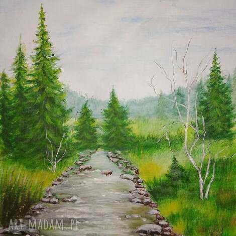 Obraz ręcznie malowany akrylowy "Ścieżką w Nieznane" 30x24 cm - pejzaż wiosenny las