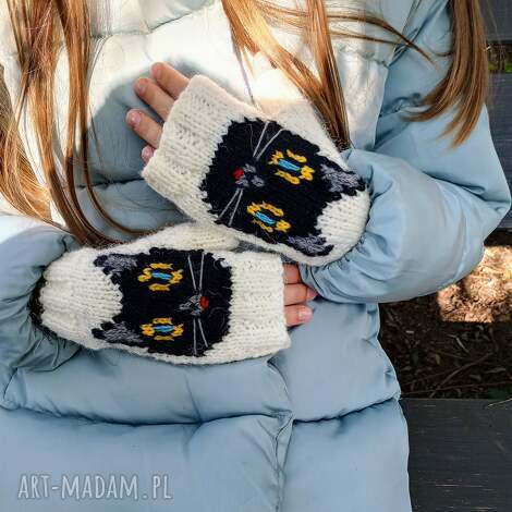 Mitenki z kotem - rękawiczki bez palców dla dziewczynki handmade