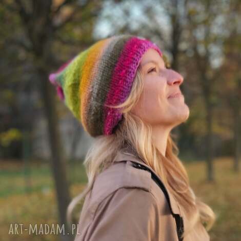 czapka kureyon, na drutach, wełniana czapka, na prezent, lekka, walentynki