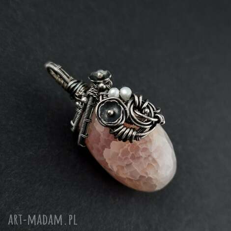 Łososiowy agat wężowy - wisior wire wrapping z oksydowanego srebra