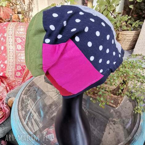 Czapka patchworkowa w grochy - etno folk retro boho - ręcznie robiona