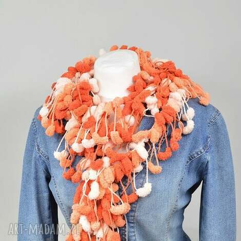 pom-pon scarf - pomarańczowy, melanż, szal, pompon, oryginalny