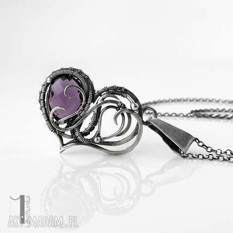 purple heart ii - srebrne serce z ametystem, naszyjnik srebrny wire