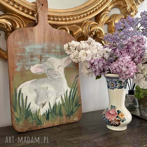 Szczęśliwa owieczka - obraz na desce handmade na prezent (rustykalny, boho)