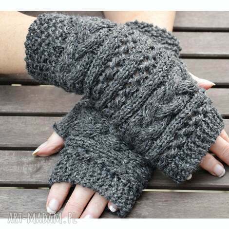 Ciemnoszare mitenki bez palców w warkocze - wełna i akryl