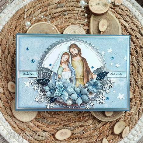 Kartka na Boże Narodzenie - Święta Rodzina w niebieskim pudełku C6, handmade