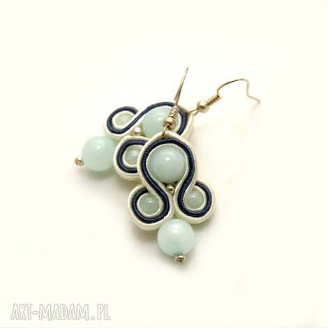 kolczyki sutasz z błękitnymi jadeitami, soutache, sznurek, komplet, granatowe