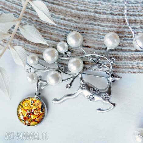 broszka z motywem klimta - renifer z perłami, prezent mikołajkowy, broszka renifer