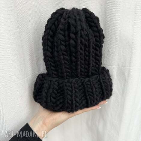 Gruba granatowa czapka beanie 100% wełna - ręcznie robiona