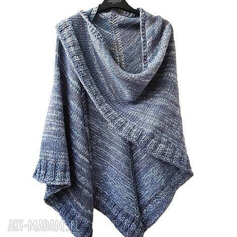 Trójkątna chusta na drutach z wełny merino - Blue Jeans