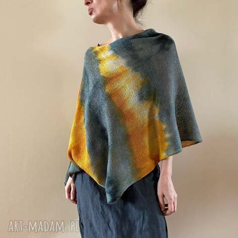narzutka bawełniana orange gray, ponczo sweter, unikat prezent