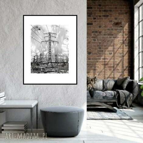 Grafika Pejzaż industrialny „Energia” black ink art - ręcznie malowana 50x40 cm