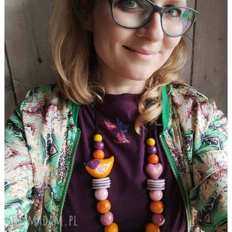 Korale kolorowe z ptaszkiem - ceramika boho handmade