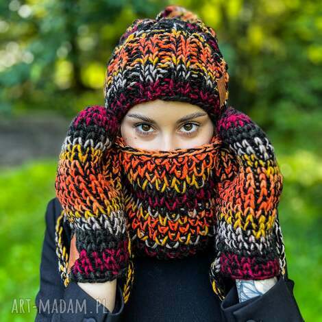 Mały komin MERINO 50% „Ciemna jesień” na drutach - damski handmade