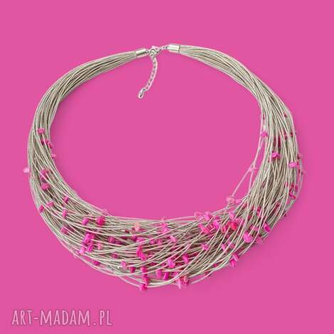 Lniany naszyjnik z różową masą perłową handmade