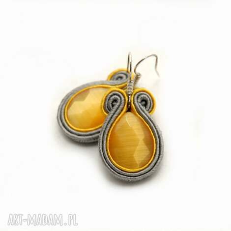 Kolczyki sutasz z kocim okiem - szaro-żółte wiszące handmade