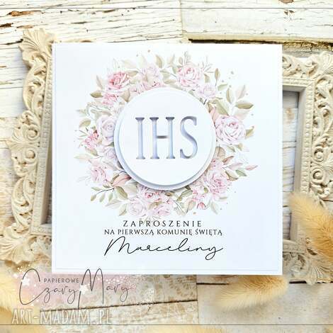 Zaproszenie na Komunię wzór 165 z hostią - personalizowane 13x13 cm
