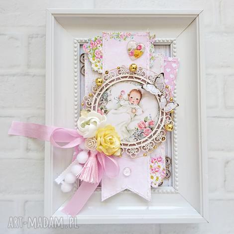 Różowa ramka serce do pokoju dziecka - shabby chic z bobasem (20x15 cm)