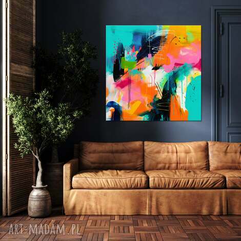 Obraz abstrakcyjny 80x80 cm do salonu - turkus i pomarańcz na płótnie